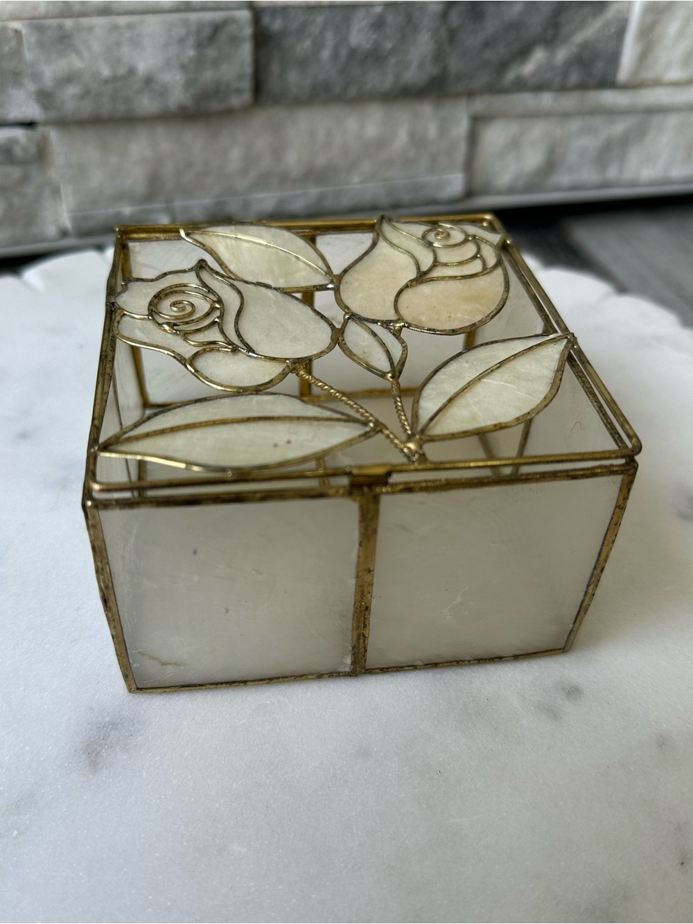 Vintage Capiz Shell  and Brass Floral Trinket Box